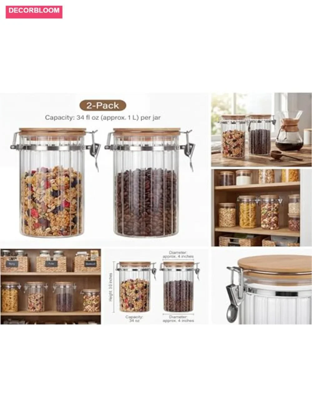 Set of 2 Airtight Borosilicate Glass Storage Jars with Bamboo Lids 34oz